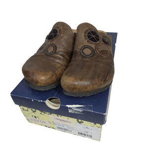 Vtg Think! Slide Sandals Brown Leather Comfort 7 Shoes Lagenlook Cottagecore